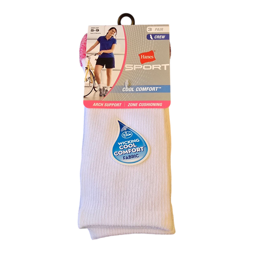 Hanes Sport Crew Socks Womens Size 5-9 White/Multi Cool Comfort 3-Pack